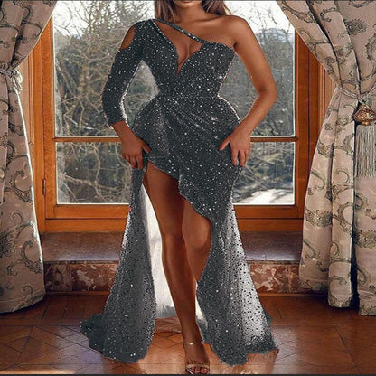 Cross Border Women's Fantasy Socialite Party Party Quality Long High Slit Long Sleeve Sequin Banquet Evening Gown