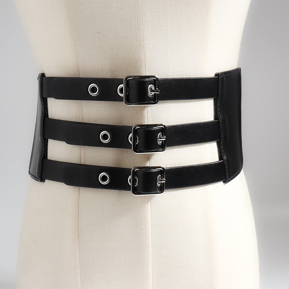 Retro Three-row Needle Buckle PU Belt Women's Belt Elastic Elastic Wide Waist Cover