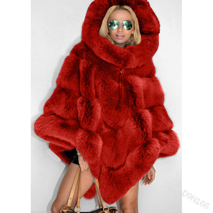 Solid Color Hooded Faux Fur Patchwork Loose Coat Elegant Commuter Cape Women's