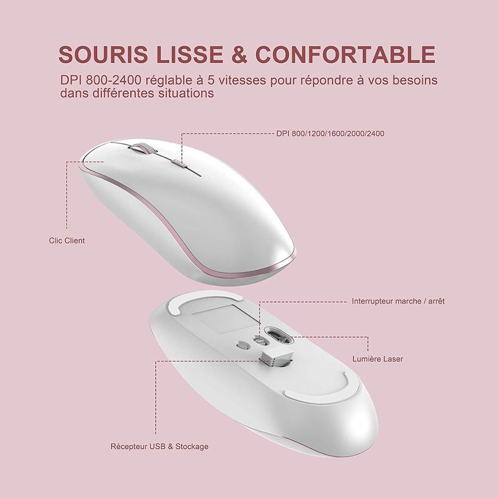 French Keyboard Wireless 2400DPI Mouse 2.4Ghz Ultra-Slim AZERTY Keyboard Mouse Set, Portable Silent Ergonomic- Pink/silver