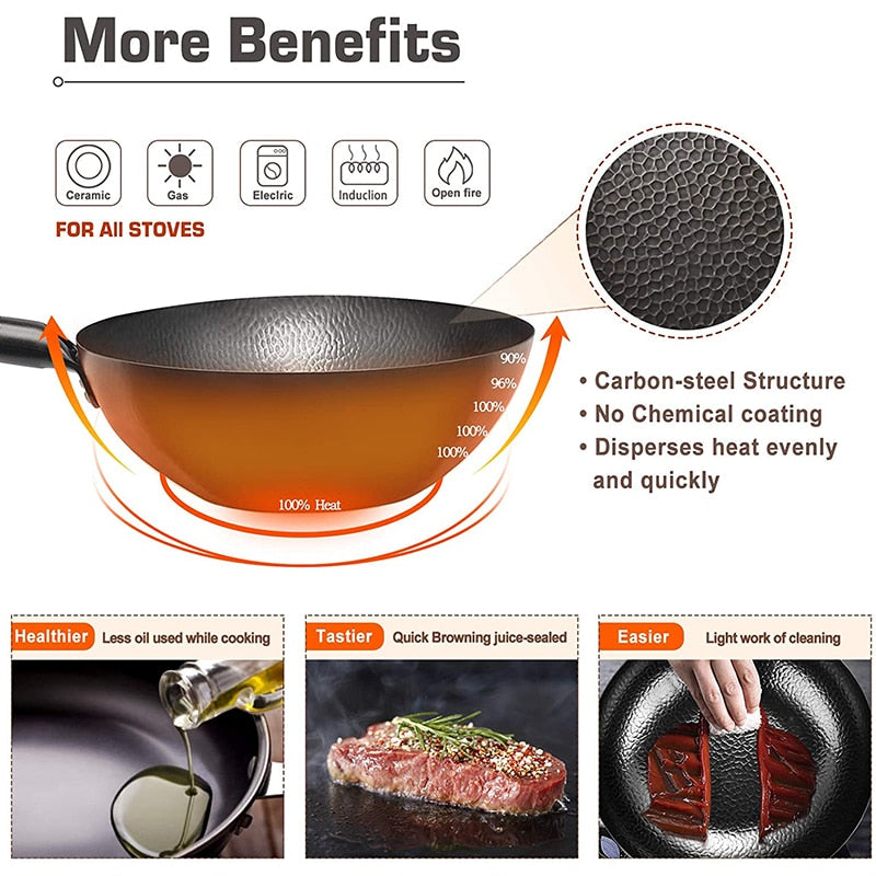 High Quality Iron Wok Traditional Handmade Iron Wok Non-stick Pan Non-coating Gas Cooker Cookware