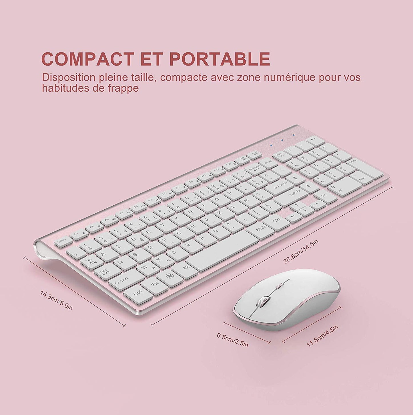 French Keyboard Wireless 2400DPI Mouse 2.4Ghz Ultra-Slim AZERTY Keyboard Mouse Set, Portable Silent Ergonomic- Pink/silver