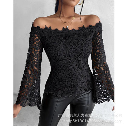 Women Tops Slash Neck Flare Sleeved Solid Pullovers Lace Casual T Shirts Elegant Lady Hollow Slight Strech Autumn 2024