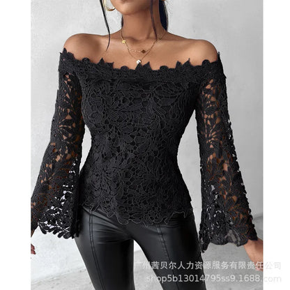 Women Tops Slash Neck Flare Sleeved Solid Pullovers Lace Casual T Shirts Elegant Lady Hollow Slight Strech Autumn 2024