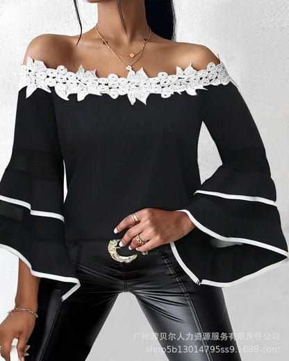 Women Tops Slash Neck Flare Sleeved Solid Pullovers Lace Casual T Shirts Elegant Lady Hollow Slight Strech Autumn 2024