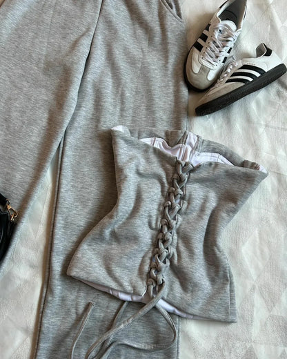 Two Piece Sets Gothic Sexy Tube Tops. High Waisted Straight Pants Sweatpants Gray Pants Suit