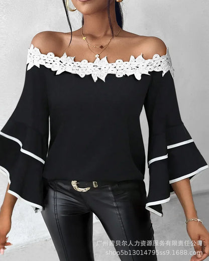 Women Tops Slash Neck Flare Sleeved Solid Pullovers Lace Casual T Shirts Elegant Lady Hollow Slight Strech Autumn 2024