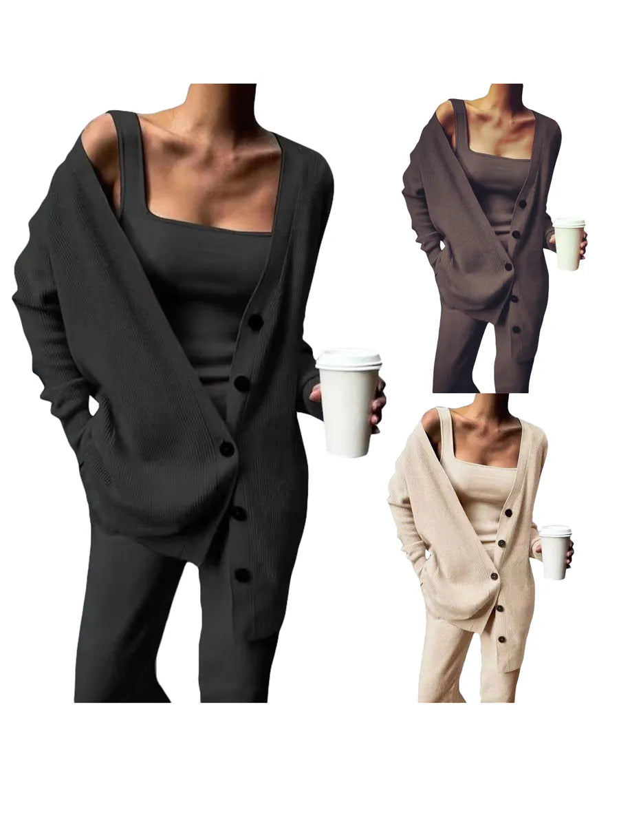 Scriardv Women Autumn Loose Three Piece Outfits Fitted Cami Tops Long Pants V Neck Button Cardigan Loungewear Sets (Black M)