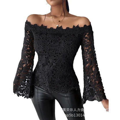 Women Tops Slash Neck Flare Sleeved Solid Pullovers Lace Casual T Shirts Elegant Lady Hollow Slight Strech Autumn 2024