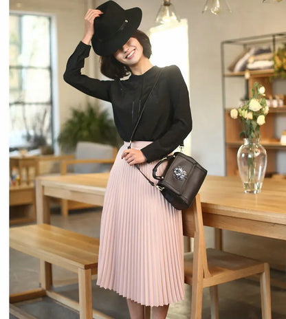 Women's High Waist Pleated Solid Color Half Length Elastic Skirt Promotions Lady Black Pink