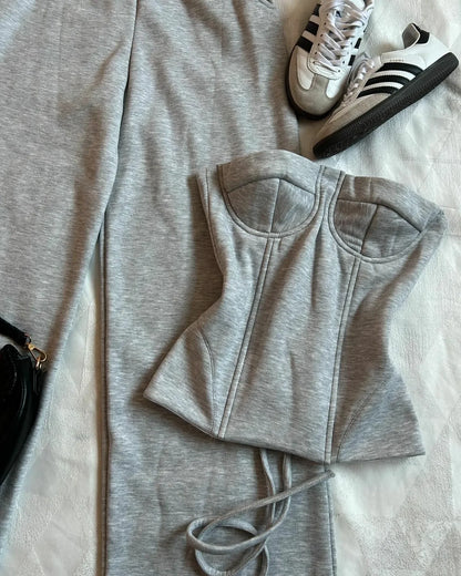 Two Piece Sets Gothic Sexy Tube Tops. High Waisted Straight Pants Sweatpants Gray Pants Suit
