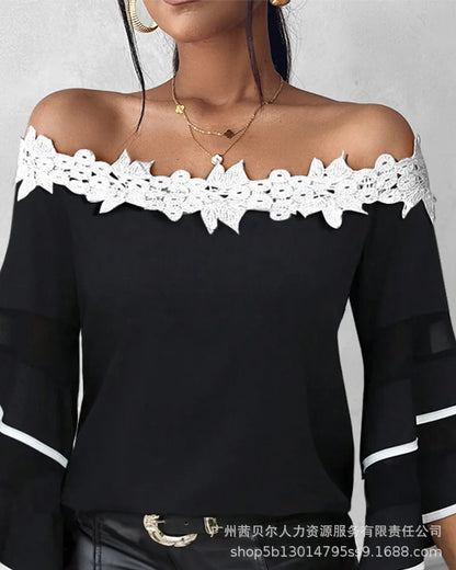 Women Tops Slash Neck Flare Sleeved Solid Pullovers Lace Casual T Shirts Elegant Lady Hollow Slight Strech Autumn 2024