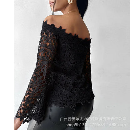 Women Tops Slash Neck Flare Sleeved Solid Pullovers Lace Casual T Shirts Elegant Lady Hollow Slight Strech Autumn 2024