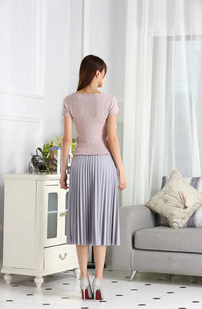 Women's High Waist Pleated Solid Color Half Length Elastic Skirt Promotions Lady Black Pink