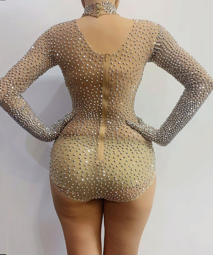 Singer Dance Yoga Ring Rhinestone Elastic Jumpsuit Women