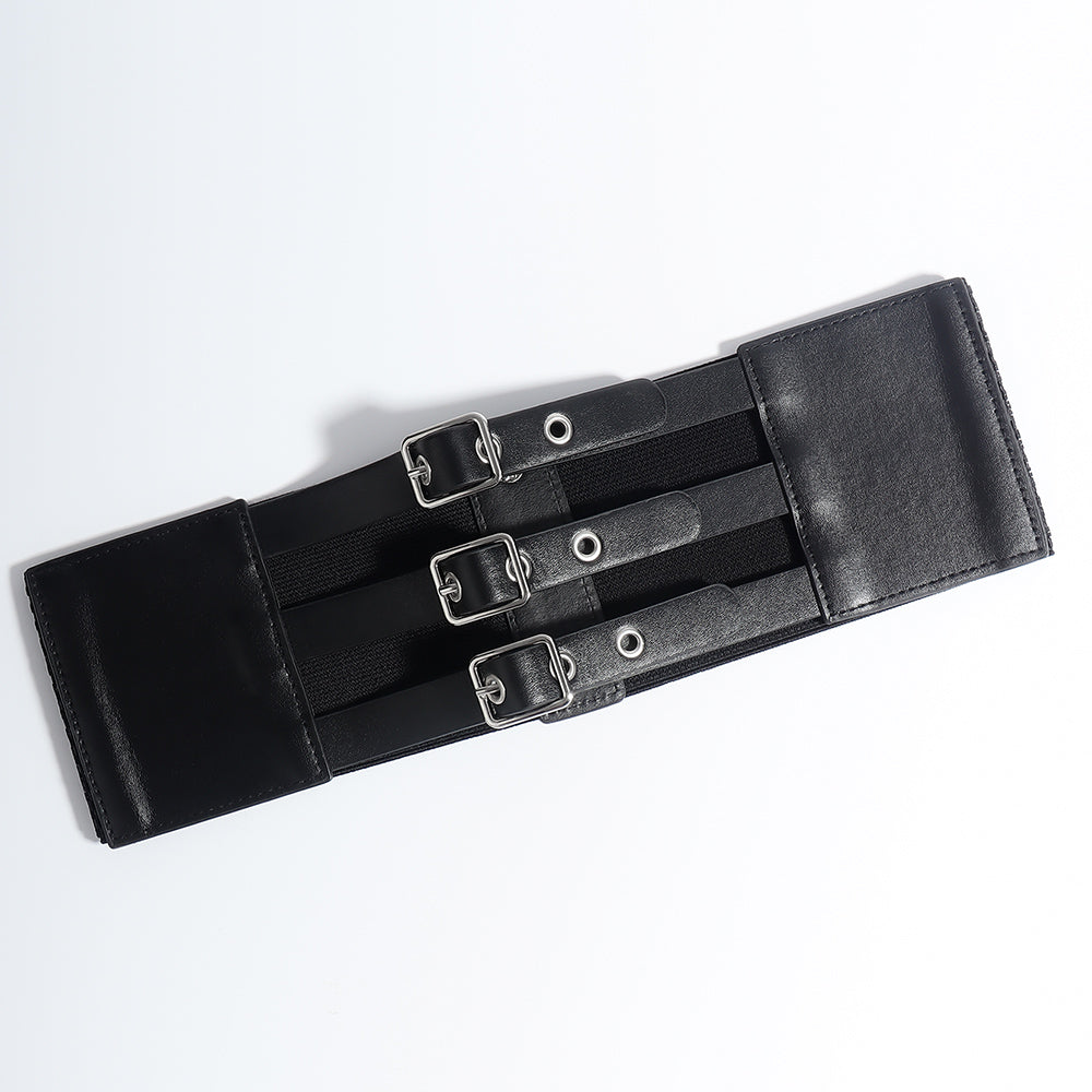 Retro Three-row Needle Buckle PU Belt Women's Belt Elastic Elastic Wide Waist Cover