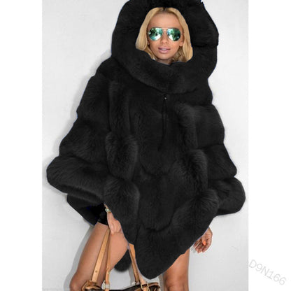 Solid Color Hooded Faux Fur Patchwork Loose Coat Elegant Commuter Cape Women's