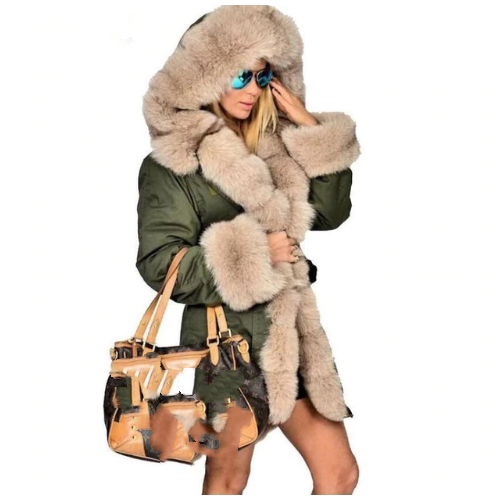 Large fur collar warm coat long hooded coat cotton coat