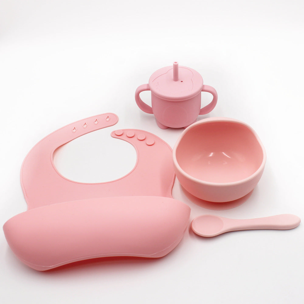 Children's Suction Cup, Bowl, Spoon, Straw, Cup And Bib Three-piece Combo Set