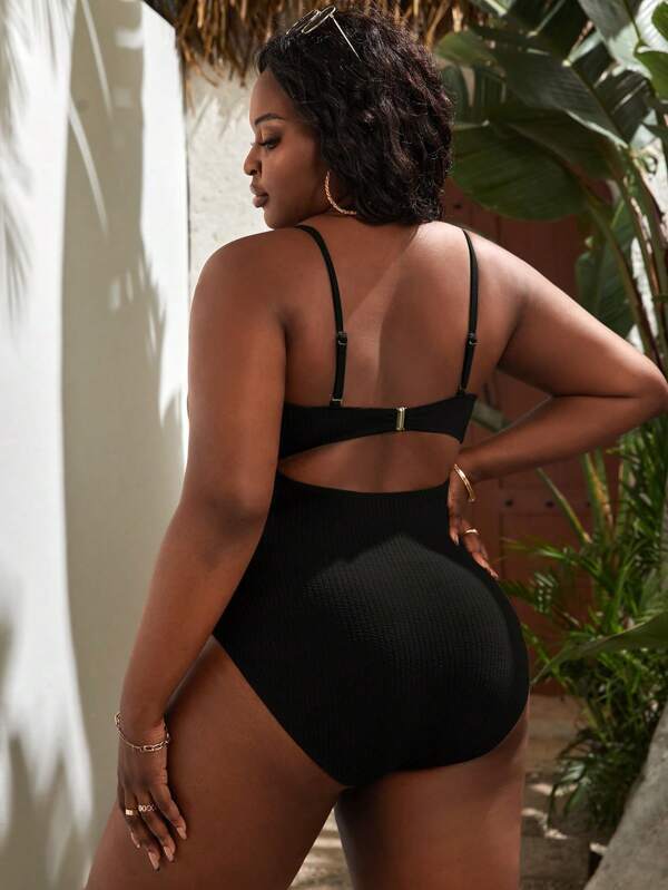 Plus Size Women's Black Slimming Sling Triangle One-piece Swimsuit