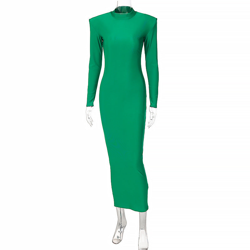 Elegant Round Neck Solid Color Slim Fit Long Sleeve Dress