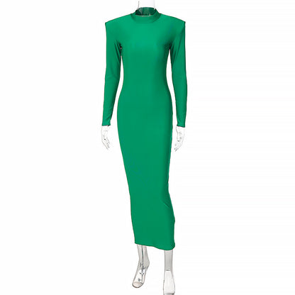 Elegant Round Neck Solid Color Slim Fit Long Sleeve Dress
