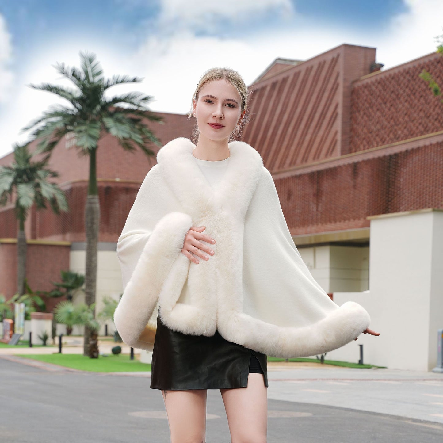 Pure Color All-matching Fur Shawl Warm Evening Gown Outer Cape