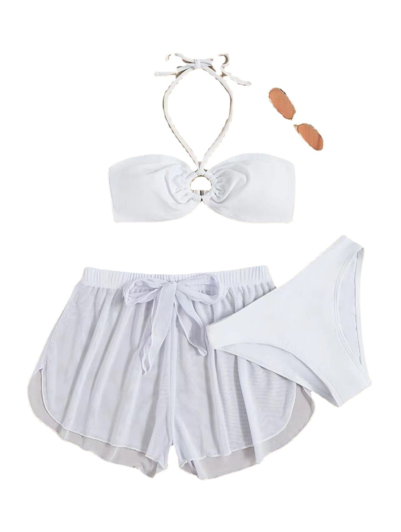 Split Three-piece White Solid Color Swimsuit