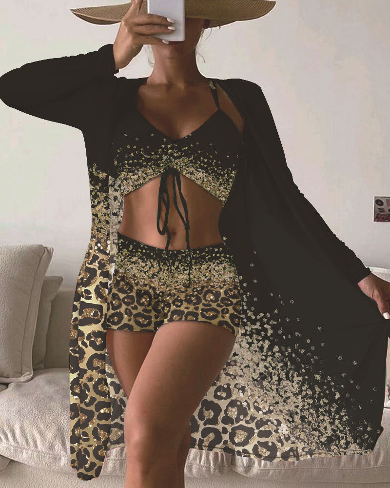 Women's Three-piece Set Mesh Outerwear Printing Color Contrast Bikini