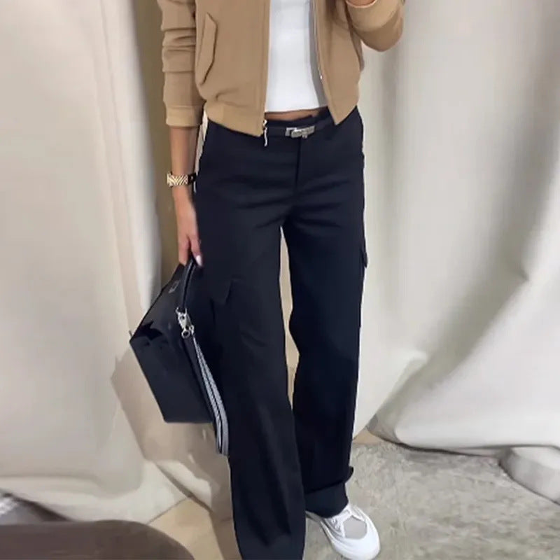 Khaki Polo Collar Short Top Straight-leg Pants Suit